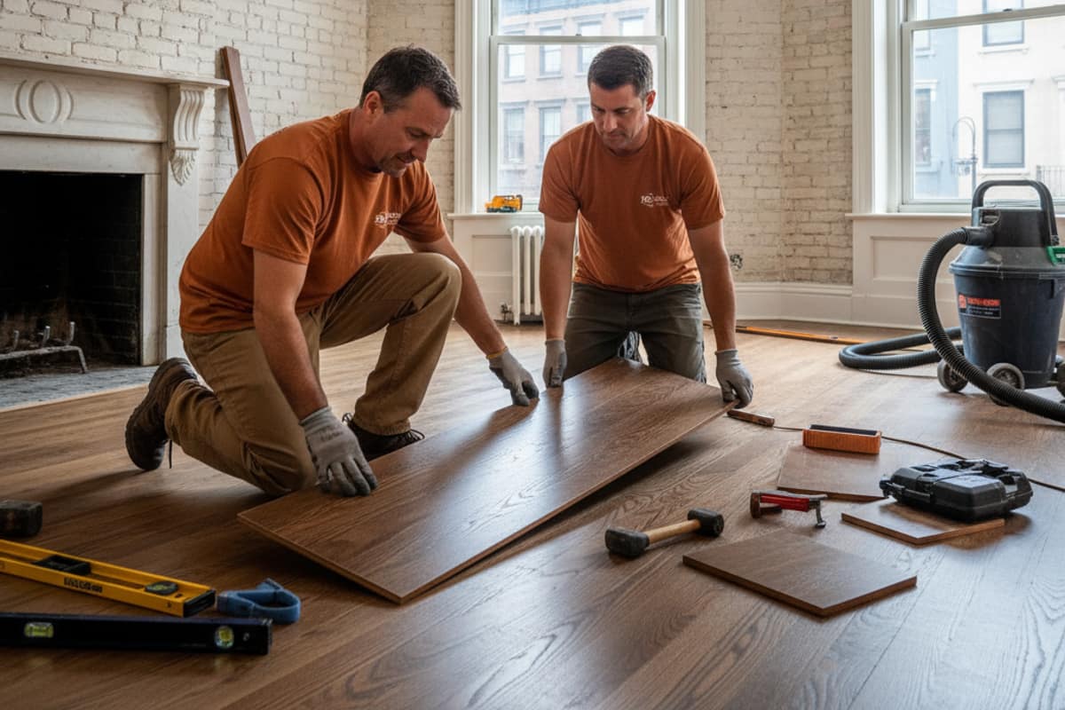 Skilled craftsman installing hardwood planks in a residential setting, showcasing attention to...