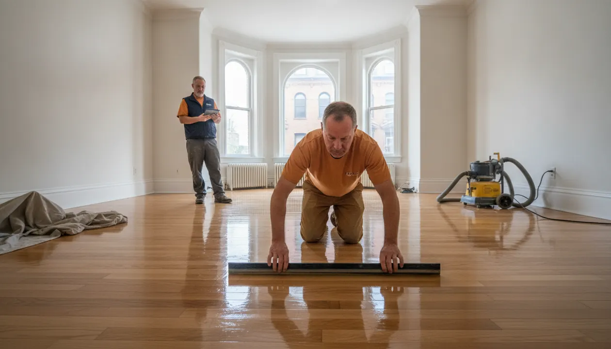 Craftsman applies luxurious finish to newly sanded hardwood floor in Staten Island home.