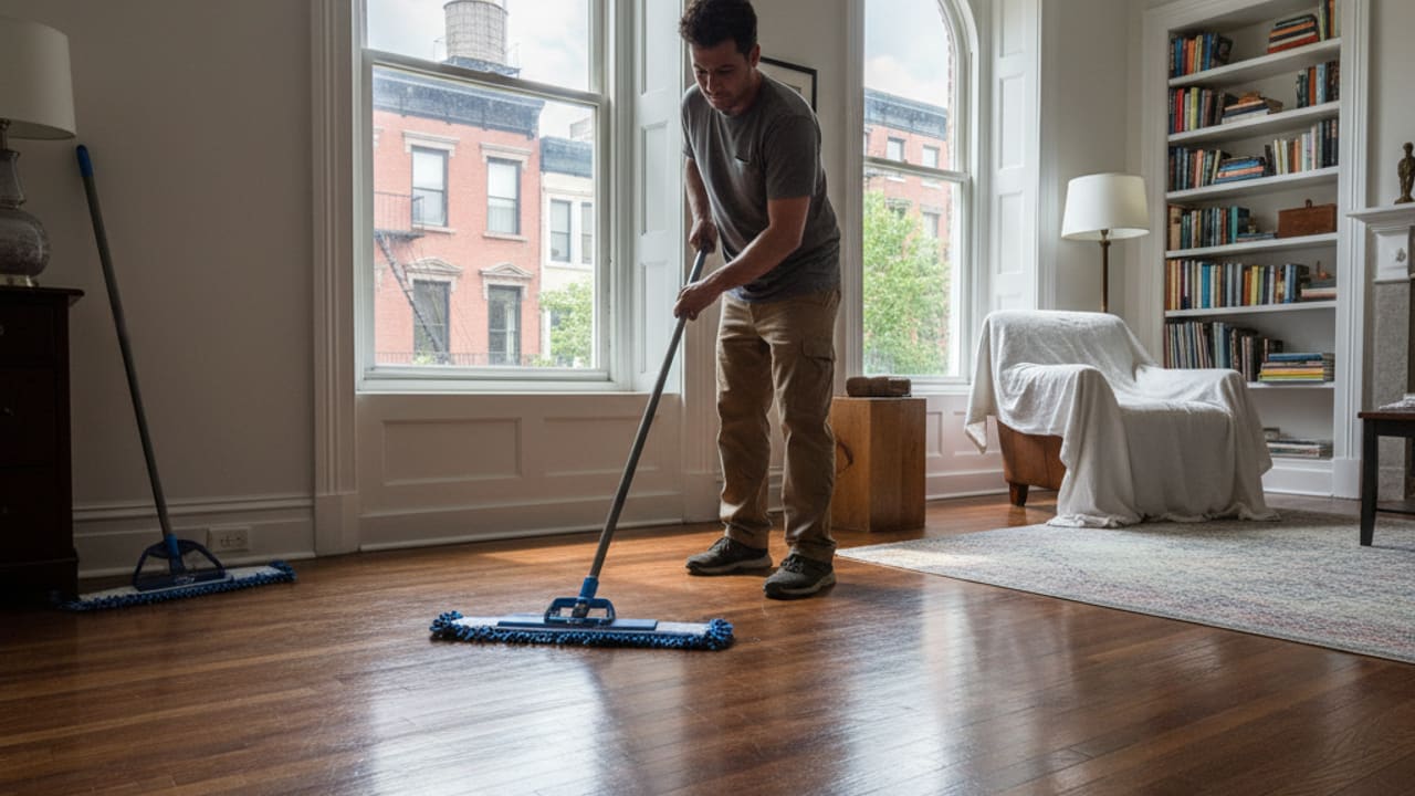 Person cleaning a shiny hardwood floor with a microfiber mop, following a hardwood floor...