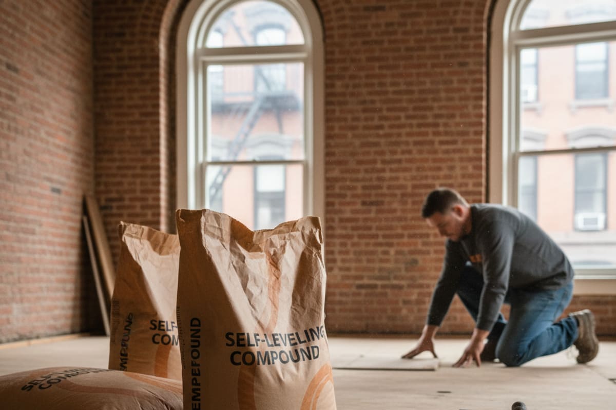 Tools for subfloor leveling, including a spirit level and bags of self-leveling compound, ready...