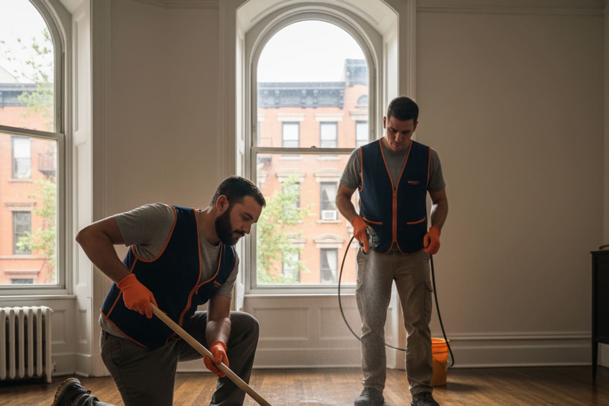 Professional cleaning solutions being applied to a hardwood floor during a maintenance service.