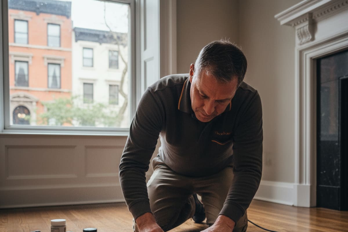A skilled technician performing floor scratch repair on a beautiful wooden floor.