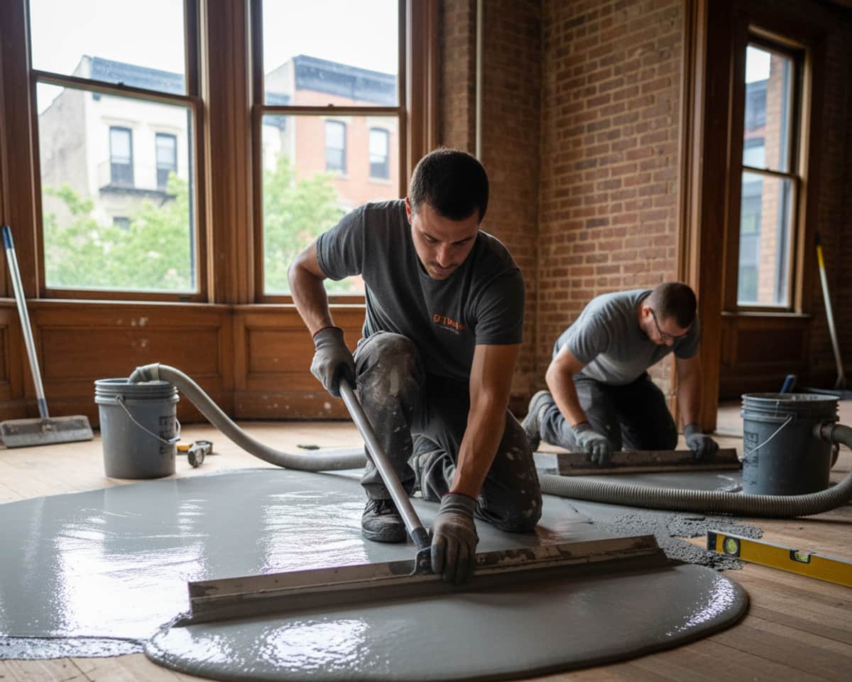 A craftsman applying floor leveling compound to a subfloor, creating an even, stable base for...