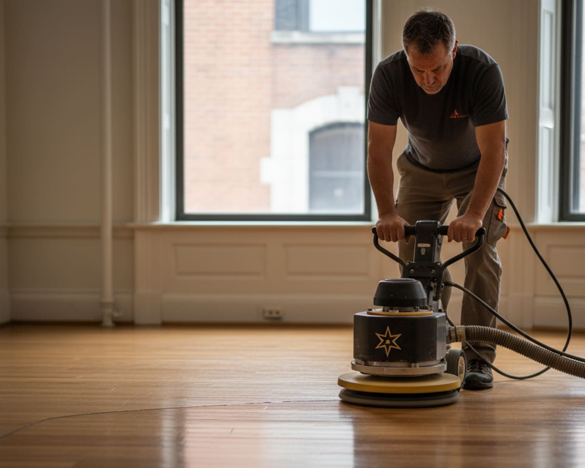 Technician using a specialized buffer machine for floor polishing on a hardwood surface to...